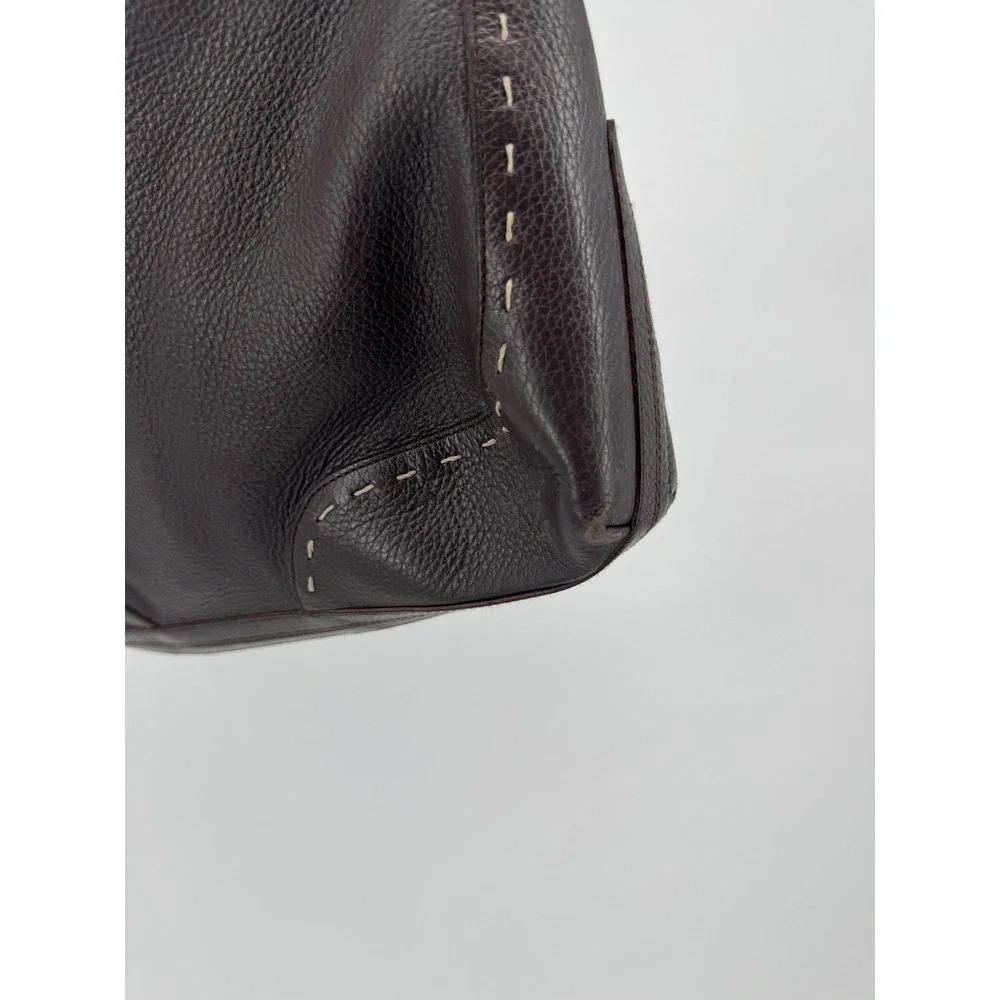 Vintage Escada Hobo Bag Purse L Brown Pebbled Leather Whipstitch Silver Italy